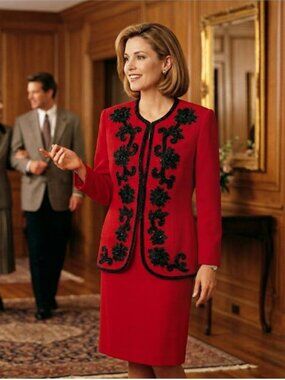 John Meyer Womens 12 Skirt Suit Red Wool Beaded Floral Archival Statement Gothic